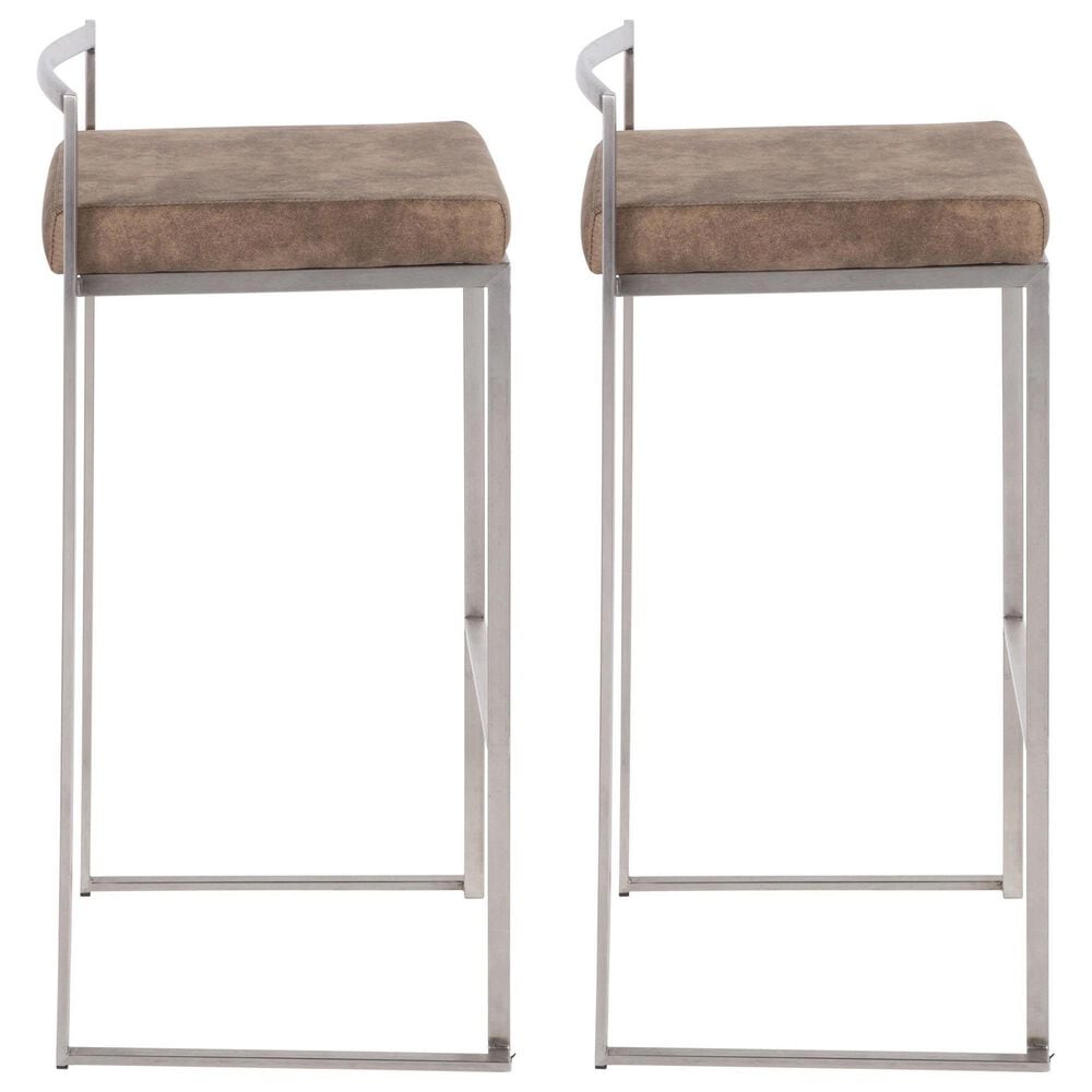 LumiSource Fuji 30" Stacker Bar Stool with Brown Cowboy Upholstery in Stainless Steel (Set of 2), , large