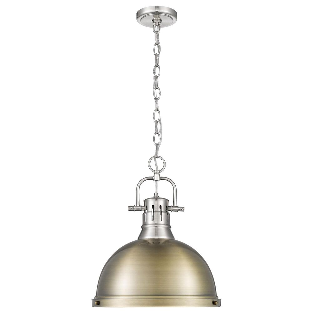 Golden Lighting Duncan 1-Light Pendant with Chain and Aged Brass Shade in Pewter, , large