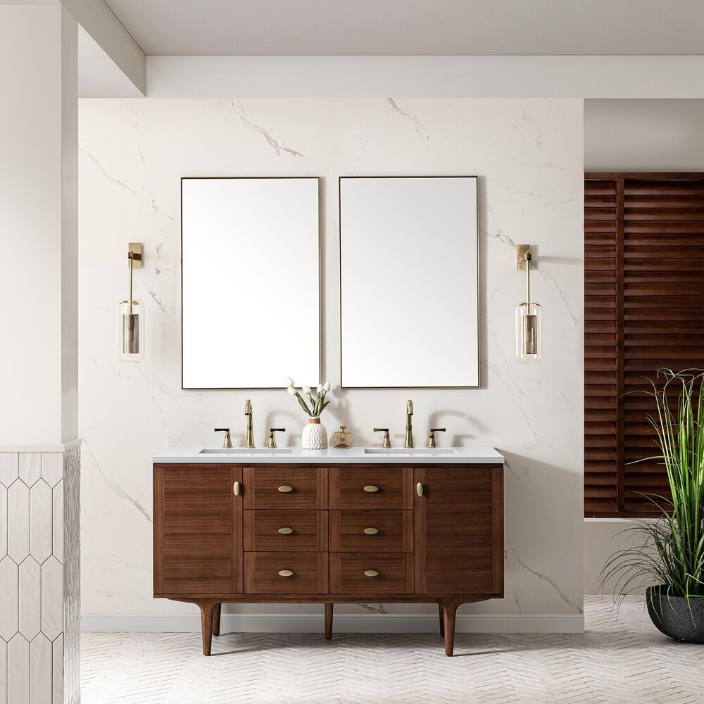 James Martin Vanities Amberly 60&quot; Double Bathroom Vanity in Walnut with 3 cm Carrara White Marble Top and Rectangular Sinks, , large