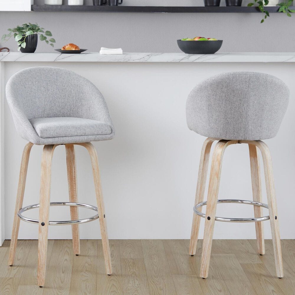 LumiSource Matisse 30" Swivel Barstool with Grey Fabric Upholstery in Whitewashed and Chrome (Set of 2), , large