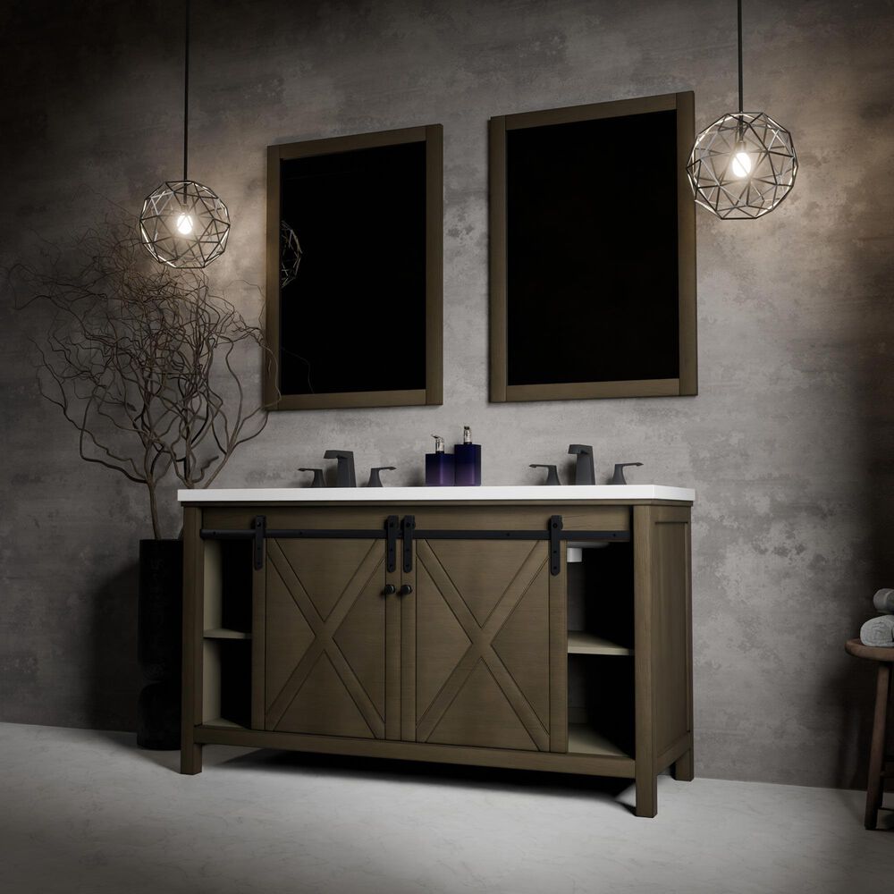 Lexora Home Marsyas 60" Double Bathroom Vanity in Rustic Brown with White Quartz Top and Rectangular Sinks, , large