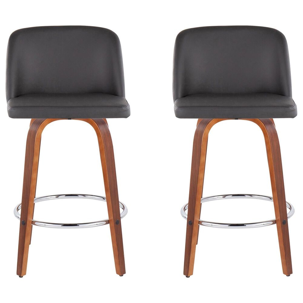 LumiSource Toriano Swivel Counter Stool with Grey Faux Leather Upholstery in Walnut and Chrome (Set of 2), , large