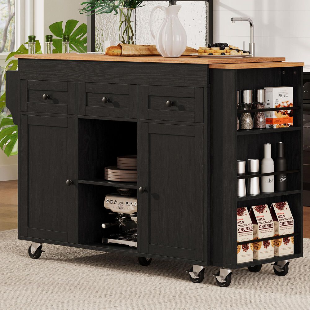 HOMLUX 86" Kitchen Island with Extendable Dining Table in Black, , large
