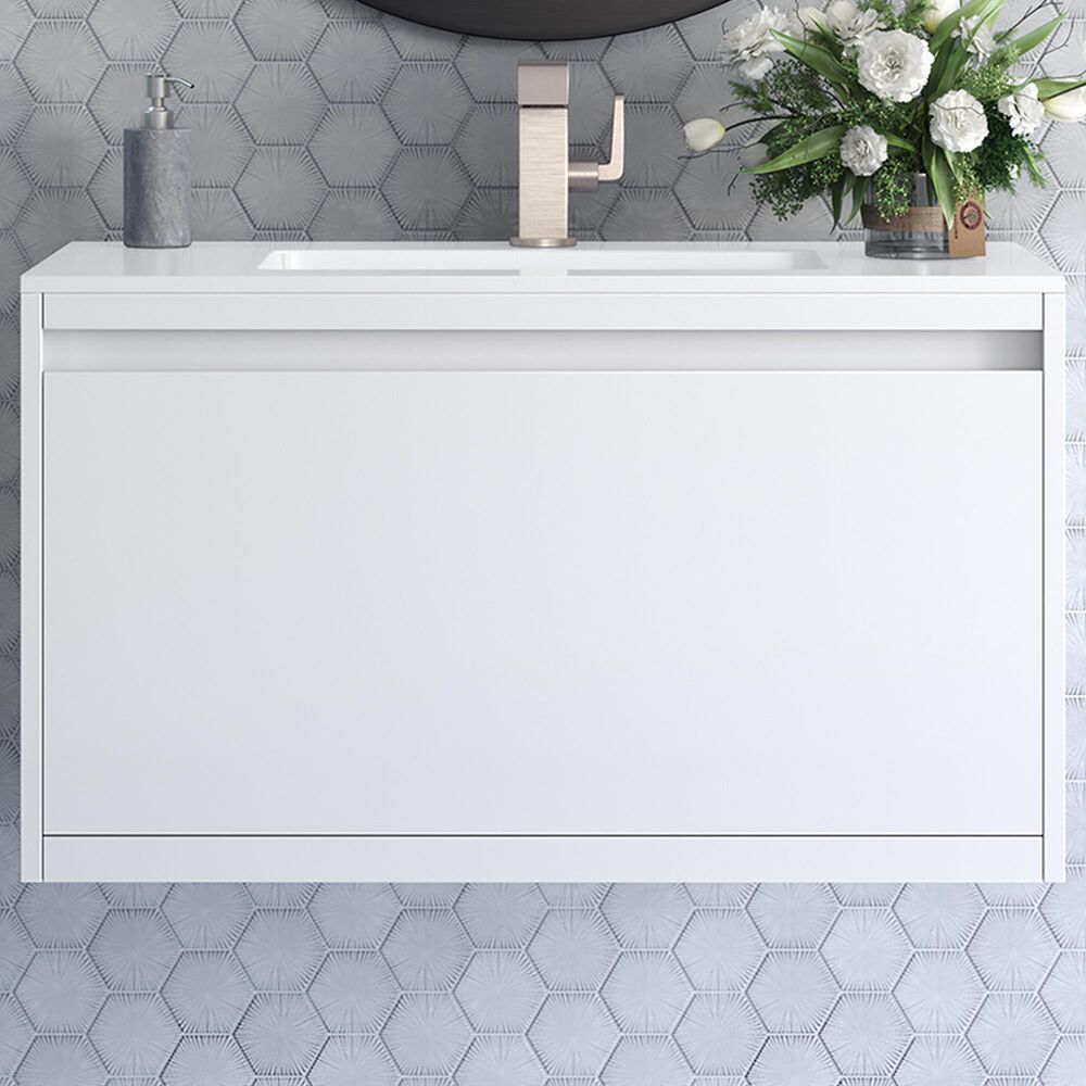 James Martin Mantova 35.4&quot; Single Mounted Bathroom Vanity in Glossy White with 2 cm Glossy White Solid Surface Top and Rectangular Sink, , large