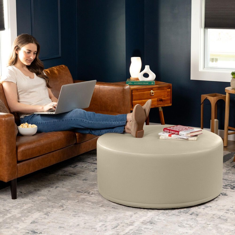 Jaxx Candler Faux Leather Ottoman in Natural Beige, , large