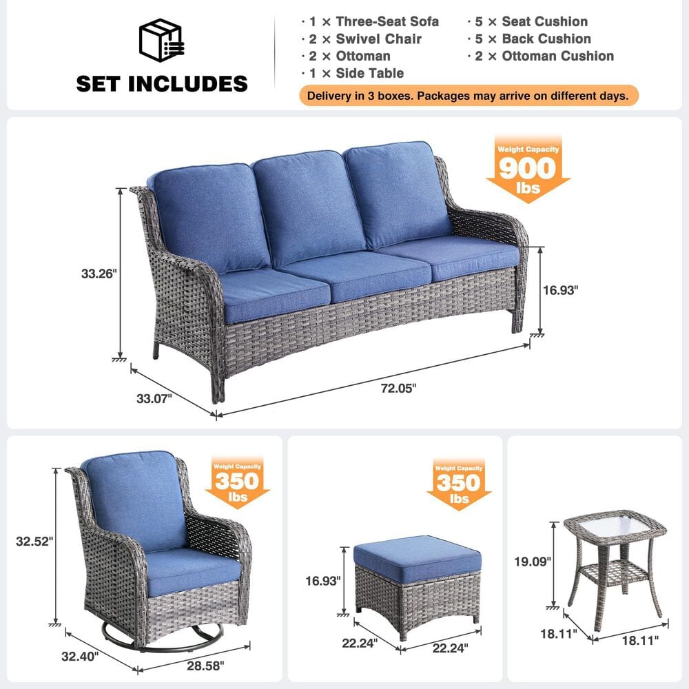 HOMLUX 6-Piece Patio Furniture Set with Swivel Rocking Chairs, High Back Outdoor Wicker Sofa, Grey Rattan in Denim Blue, , large