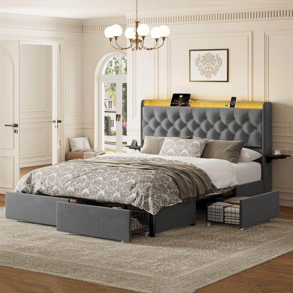 HOMLUX Full Upholstered Platform Storage Bed with Headboard Shelf and USB Charging Station in Gray, , large