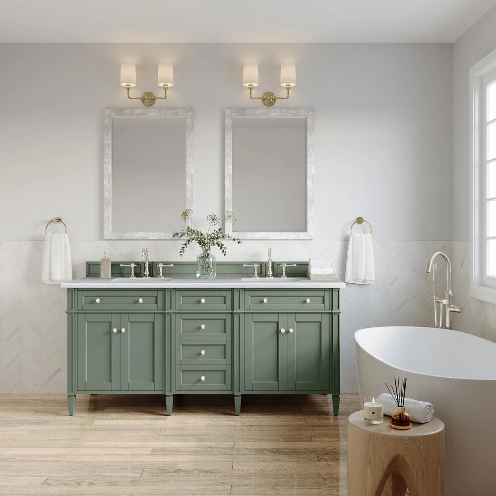James Martin Vanities Brittany 72&quot; Double Bathroom Vanity in Smokey Celadon with 3 cm Arctic Fall Solid Surface Top and Rectangular Sinks, , large
