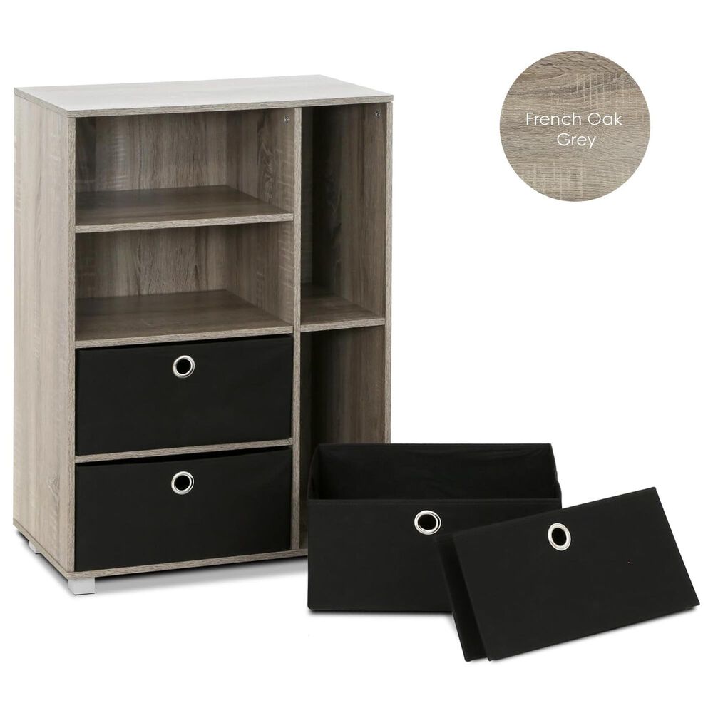 HOMLUX Multipurpose Storage Bookshelf Cabinet with 4 Bin Drawers in French Oak and Black, , large