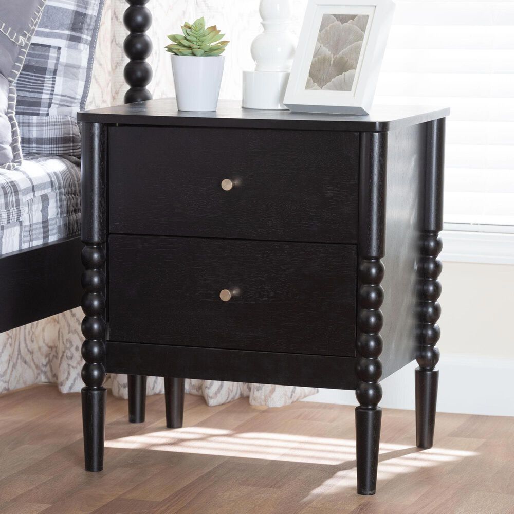 Baxton Studio Lucera 2-Drawer Bobbin Nightstand in Black, , large