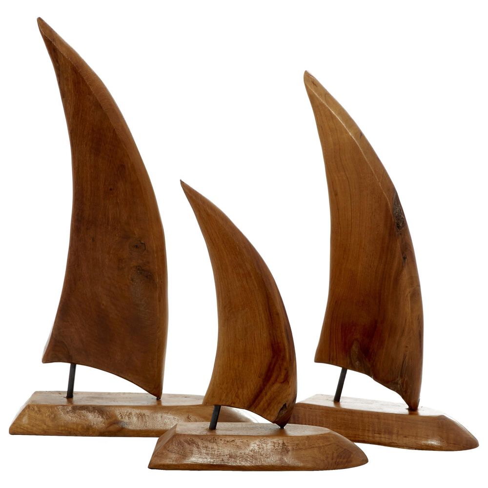 Maple and Jade Coastal Teak Wood Sculptures in Medium Brown (Set of 3), , large