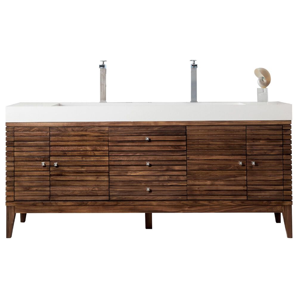 James Martin Vanities Linear 72" Double Bathroom Vanity in Mid Century Walnut with 10 cm Glossy White Solid Surface Top and Rectangular Sinks, , large