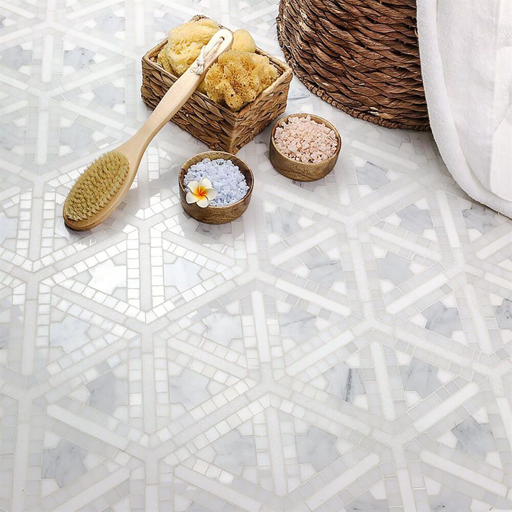 Soho Studio MJ Nibiru Thassos, Carrara and Royal White 13&quot; x 11&quot; Marble Mosaic Sheet, , large