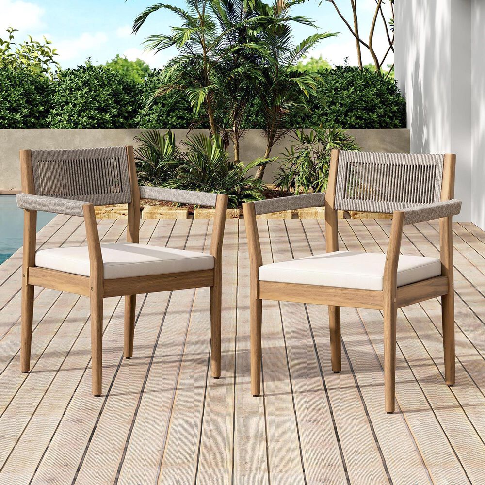 Hearth and Haven Outdoor Braided Acacia Wood Dining Chair in Cream (Set of 2), , large