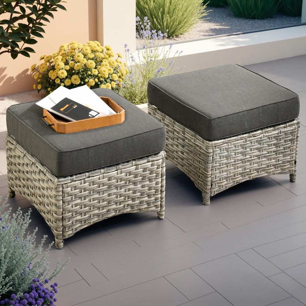 HOMLUX 2-Piece Outdoor Wicker Ottoman Set with Cushion in Black, , large