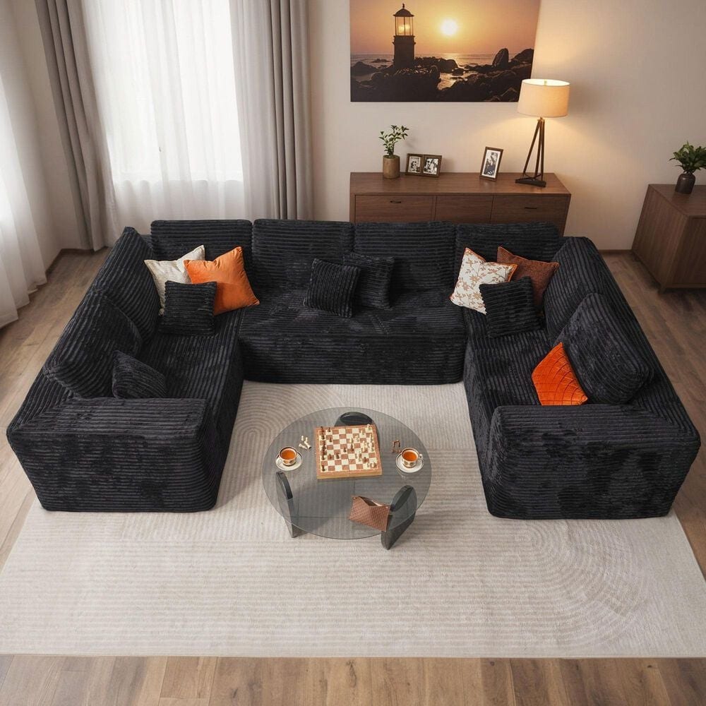 HOMLUX Modular Sectional Cloud Couch, Plush Corduroy U Shaped Sofa with Chaise, Big Comfy Couches Set in Black, , large