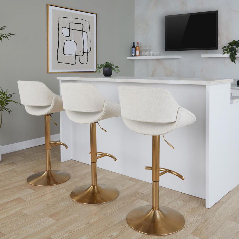 LumiSource Fabrico Swivel Adjustable Bar Stool with Cream Noise Fabric Upholstery and Rounded T Footrest in Gold (Set of 2), , large