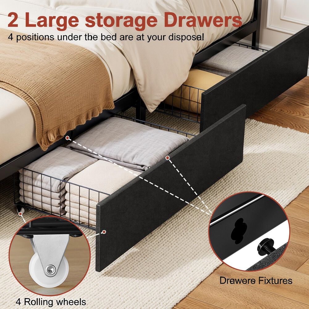 HOMLUX Full Upholstered Platform Storage Bed Frame in Black, , large