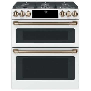 Cafe 30" Slide-In Gas Double Oven with Convection Range in Matte White with Brushed Bronze Handle, , large