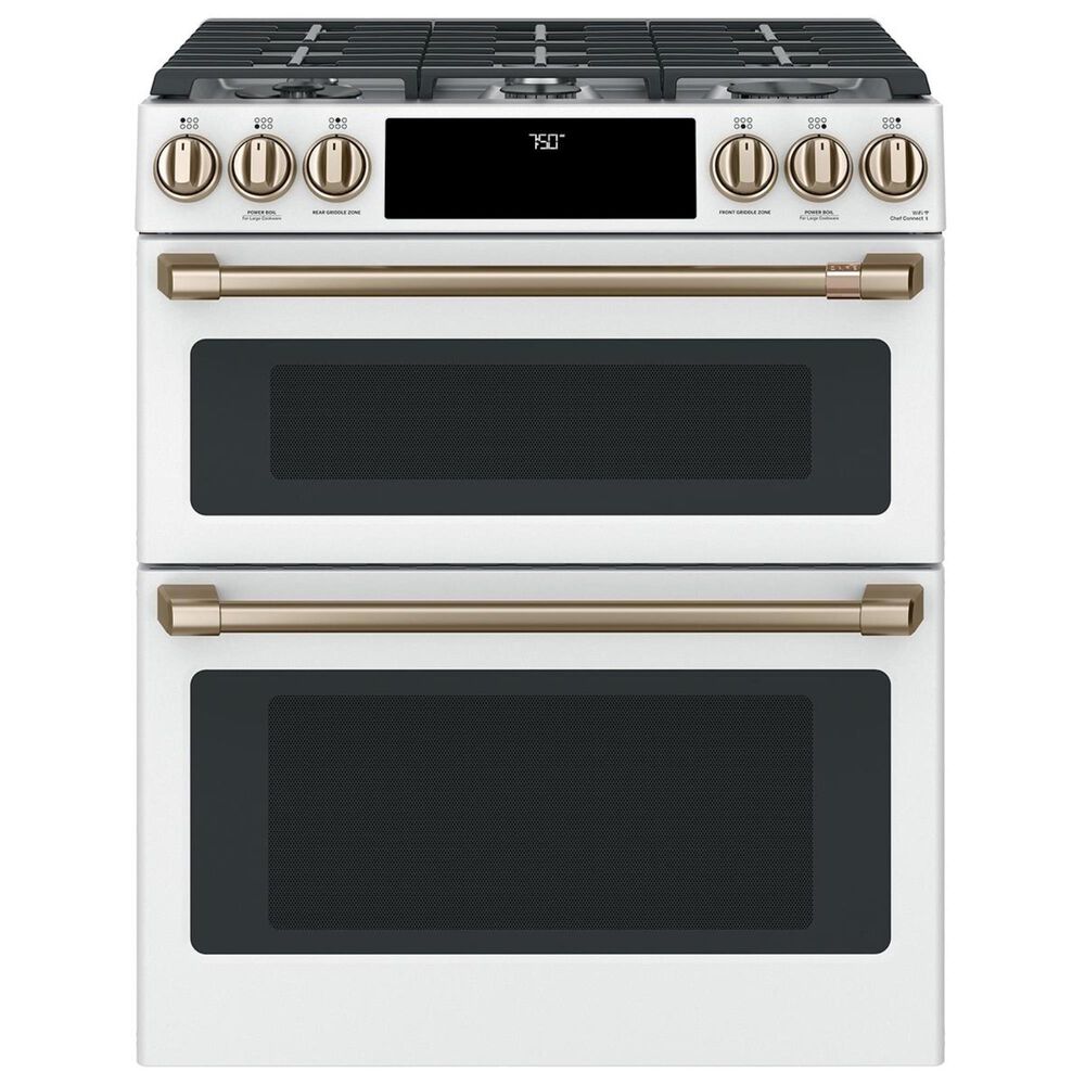 Cafe 30" Slide-In Gas Double Oven with Convection Range in Matte White with Brushed Bronze Handle, , large