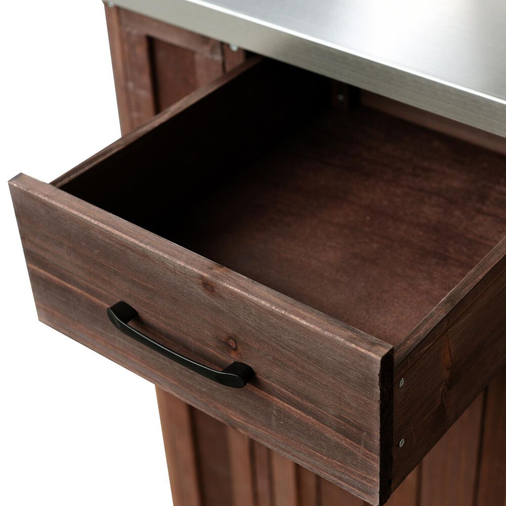 Hearth and Haven Outdoor Kitchen Island Cart with Stainless Steel Top, Towel and Spice Racks in Dark Brown, , large