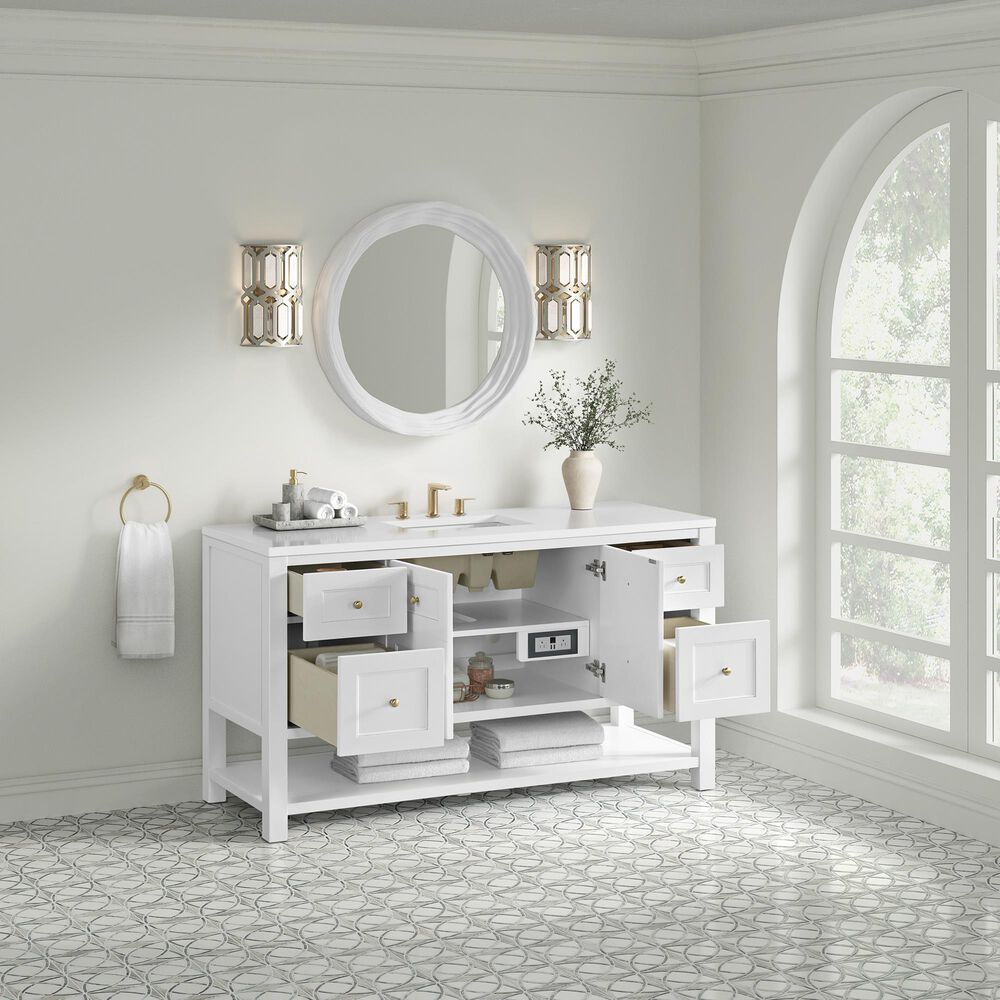 James Martin Vanities Breckenridge 60" Single Bathroom Vanity in Bright White with 3 cm White Zeus Quartz Top and Rectangular Sink, , large