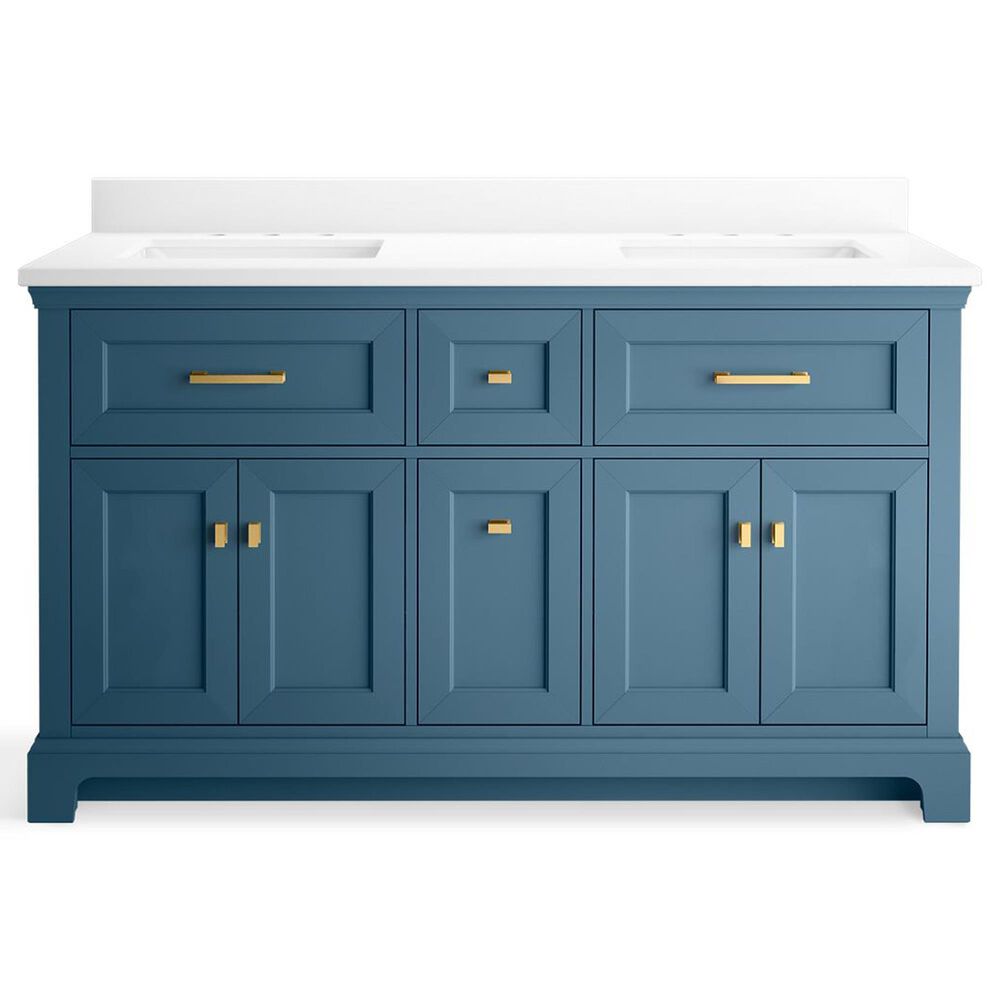 Kohler Charlemont 60&quot; Double Bathroom Vanity in Tidal Blue with 3 cm White Quartz Top and Rectangular Sinks, , large
