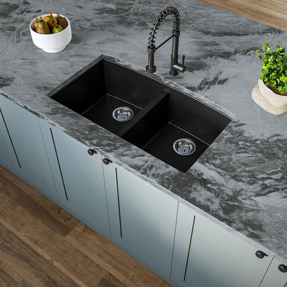 MS International 32.5" 50/50 Undermount Double Bowl Kitchen Sink in Matte Black, , large
