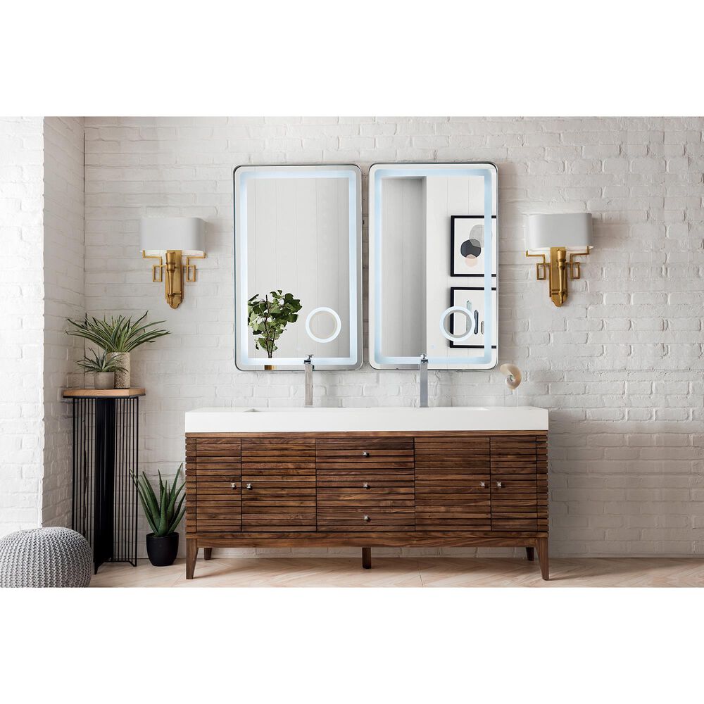 James Martin Vanities Linear 72&quot; Double Bathroom Vanity in Mid Century Walnut with 10 cm Glossy White Solid Surface Top and Rectangular Sinks, , large