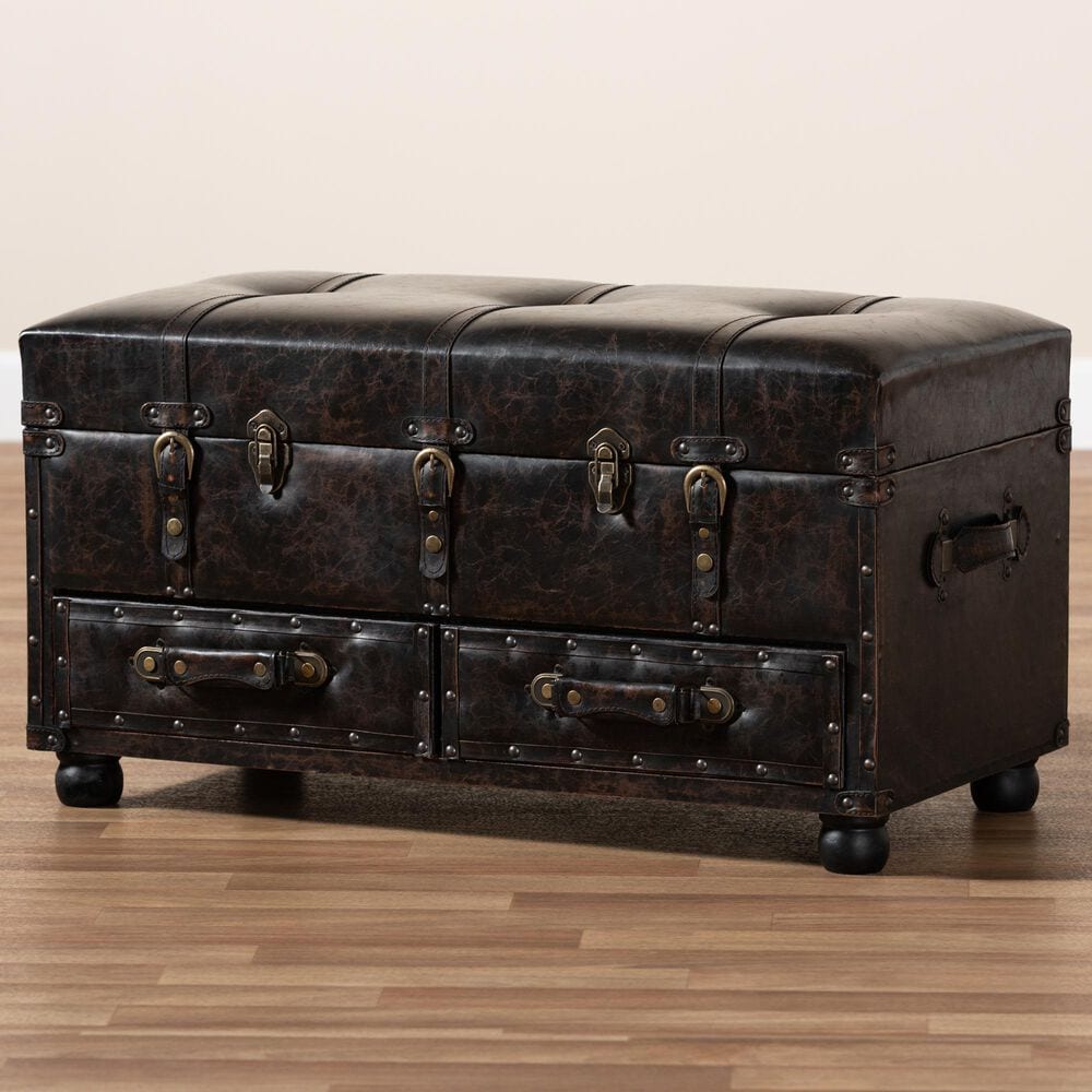 Baxton Studio Callum 2-Drawer Storage Trunk Ottoman Set in Distressed Dark Brown, , large