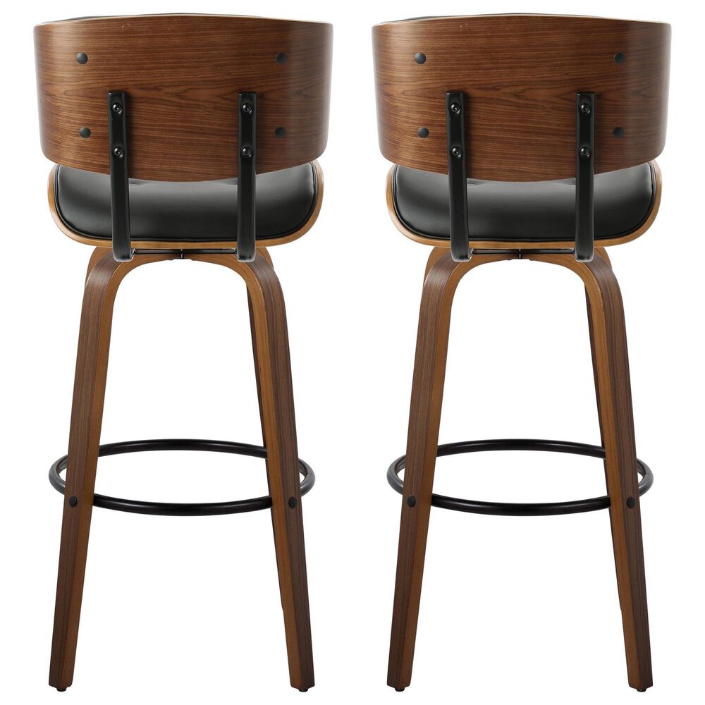 LumiSource Lombardi 30" Swivel Barstool with Black Faux Leather Upholstery in Walnut and Black (Set of 2), , large