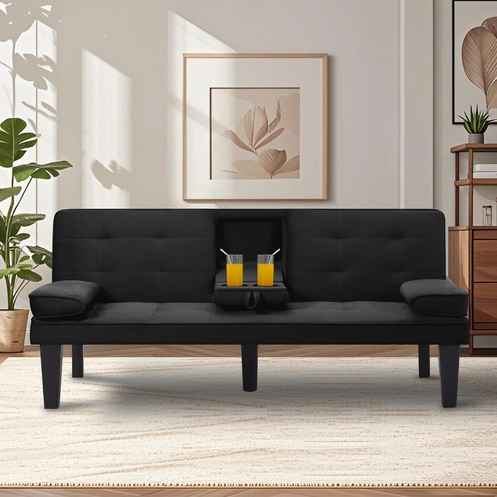 HOMLUX 65" Futon Sleeper Sofa Bed with Adjustable Backrest and Cup Holders in Black, , large