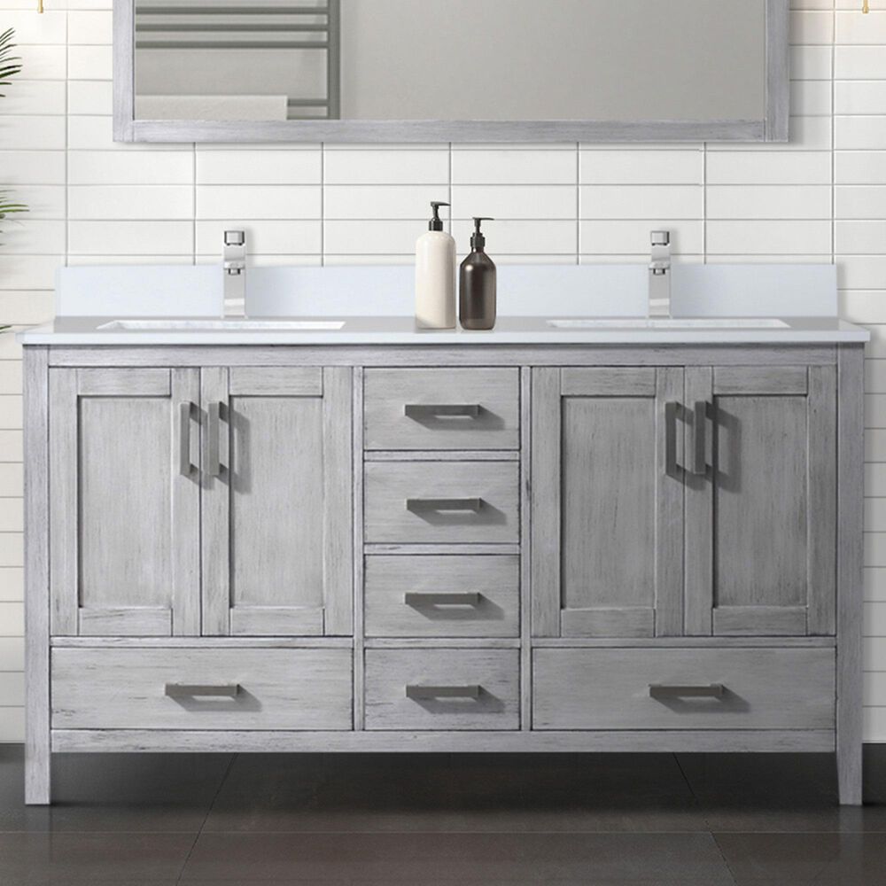 Lexora Home Jacques 60&quot; Double Bathroom Vanity in Distressed Grey with 2 cm White Cultured Marble Top and Rectangular Sinks, , large