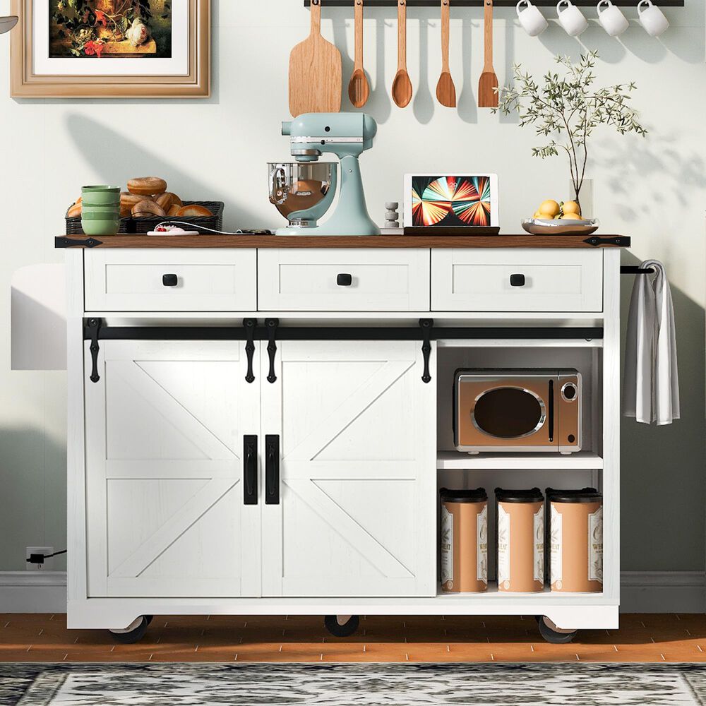 HOMLUX 54" Kitchen Island with Sliding Barn Door in White, , large