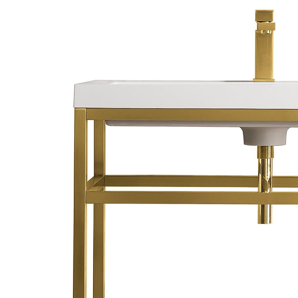 James Martin Vanities Boston 31.5&quot; Single Bathroom Vanity in Radiant Gold with 3 cm White Glossy Resin Countertop and Rectangular Sink, , large
