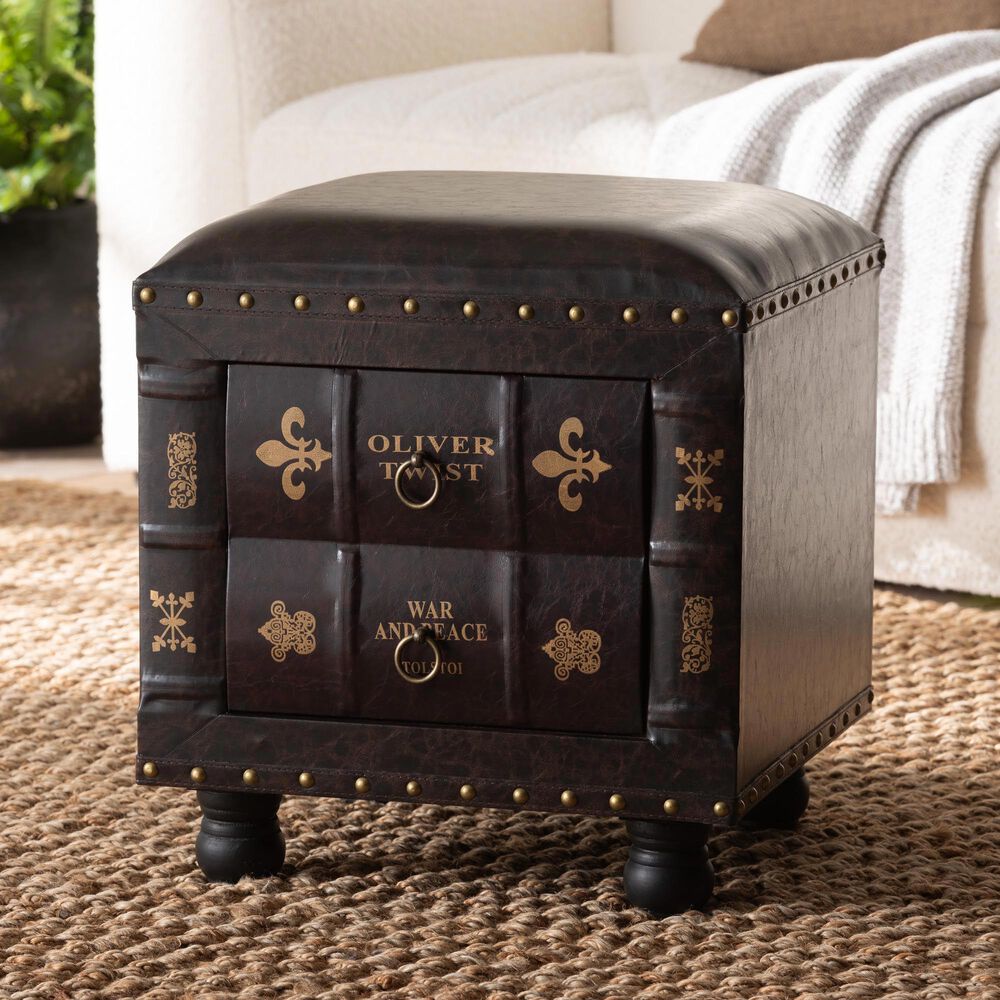 Baxton Studio Charlier Storage Ottoman with Book Spine Drawer in Dark Brown, , large