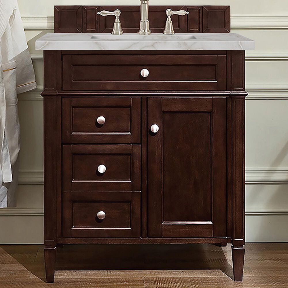 James Martin Vanities Brittany 30&quot; Single Bathroom Vanity in Burnished Mahogany with 3 cm Victorian Silver Quartz Top and Rectangular Sink, , large