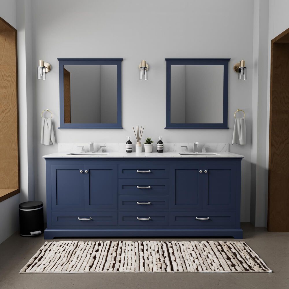 Lexora Home Dukes 80&quot; Double Bathroom Vanity in Navy Blue with 2 cm White Carrara Marble Top and Rectangular Sinks, , large