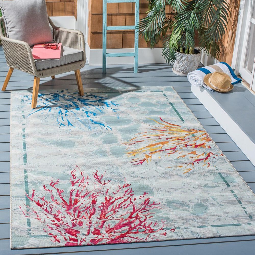Safavieh Barbados Tropical Coral 3&#39;3&quot; x 5&#39;3&quot; Teal and White Indoor/Outdoor Area Rug, , large