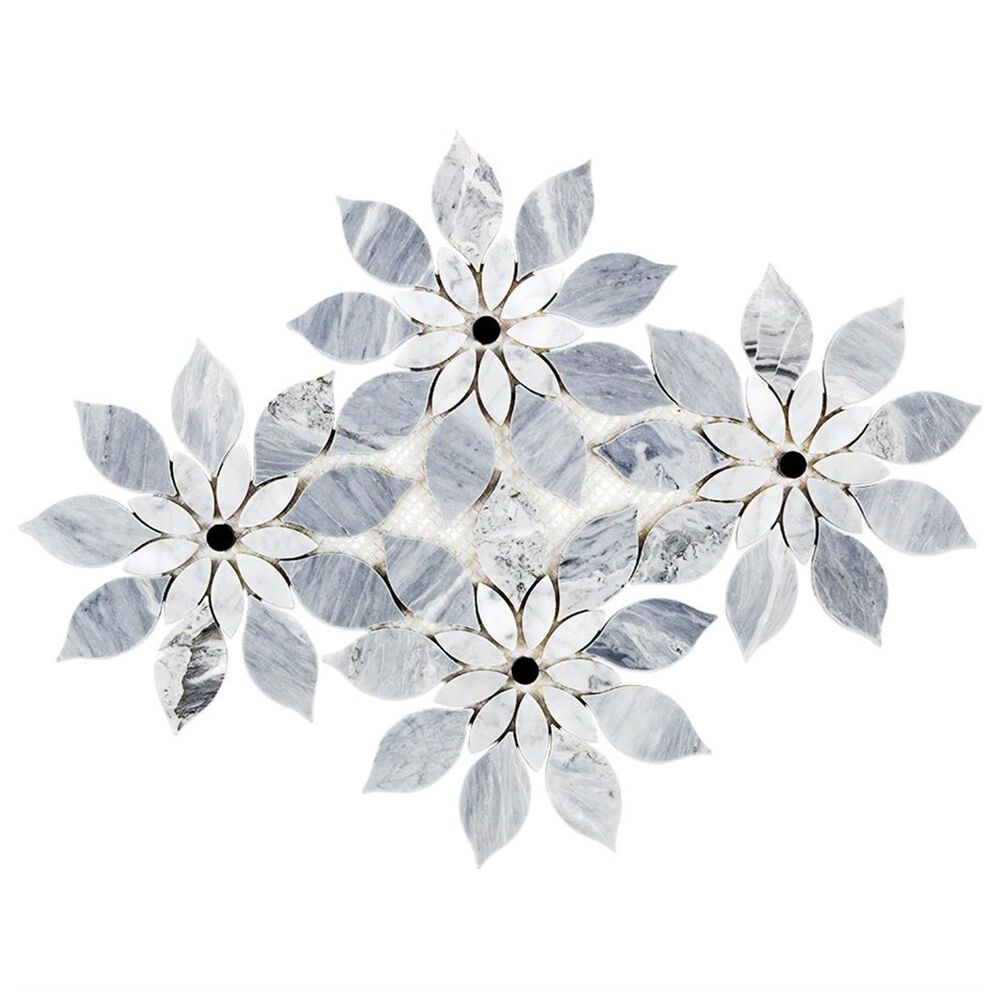 Soho Studio MJ Rain Flower Bardiglio Nouvelato, White Carrara and Black Jade Dot 12.4" x 14.13" Marble Mosaic Sheet, , large
