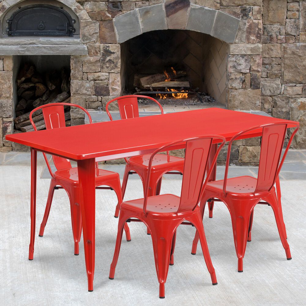 Flash Furniture 5-Piece Metal Dining Table Set in Red, , large