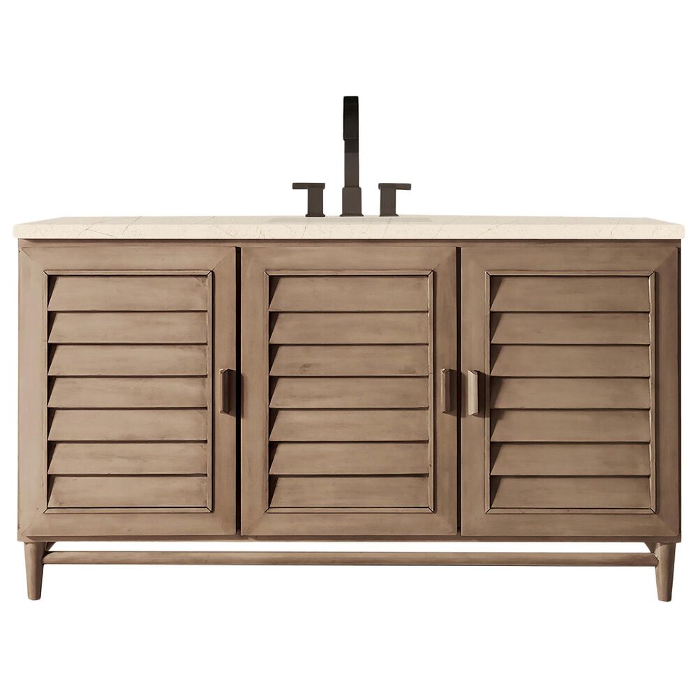 James Martin Vanities Portland 60" Single Bathroom Vanity in Whitewashed Walnut with 3 cm Eternal Marfil Quartz Top and Rectangular Sink, , large