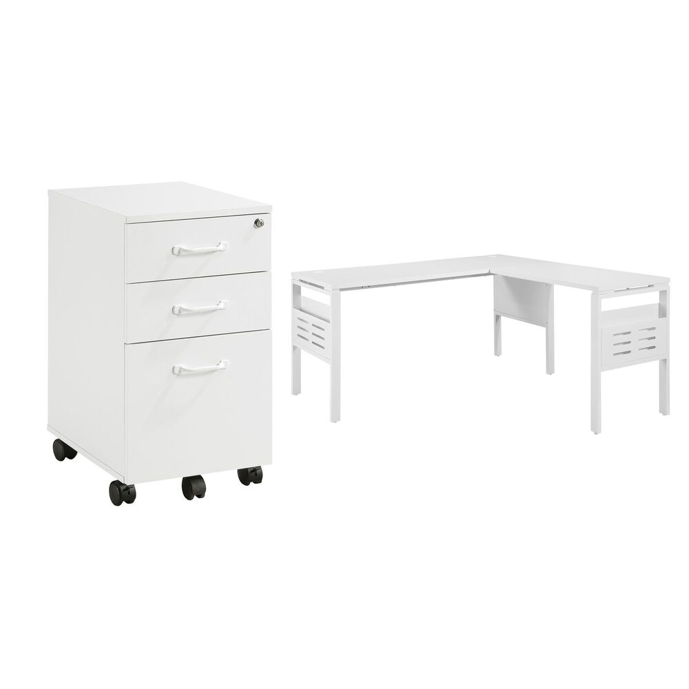 OSP Home Prado 2-Piece L-Desk and Rolling File Cabinet Set in White, , large