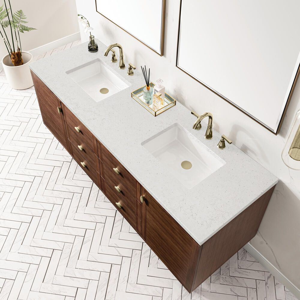 James Martin Vanities Amberly 72&quot; Double Bathroom Vanity in Mid-Century Walnut with Single Hole 3 cm White Zeus Quartz Top and Rectangular Sinks, , large