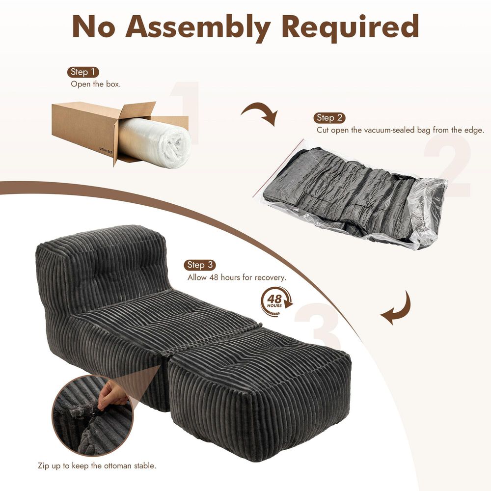 HOMLUX 2-Piece Bean Bag Chair and Ottoman in Gray, , large