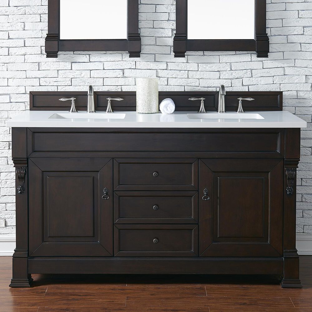 James Martin Vanities Brookfield 60" Double Bathroom Vanity in Burnished Mahogany with 3 cm White Zeus Quartz Top and Rectangular Sinks, , large