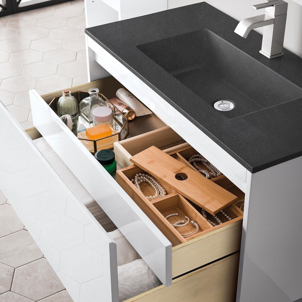 James Martin Mantova 35.4&quot; Single Mounted Bathroom Vanity in Glossy White with 2 cm Charcoal Black Resin Countertop and Rectangular Sink, , large