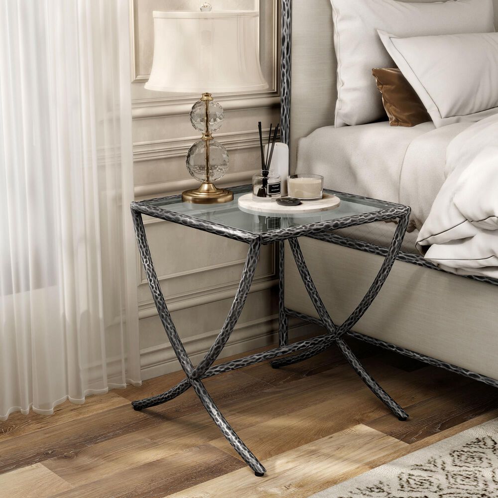 Furniture of America Lalia Side Table with Tempered Glass Top and X-Base in Gun Metal, , large