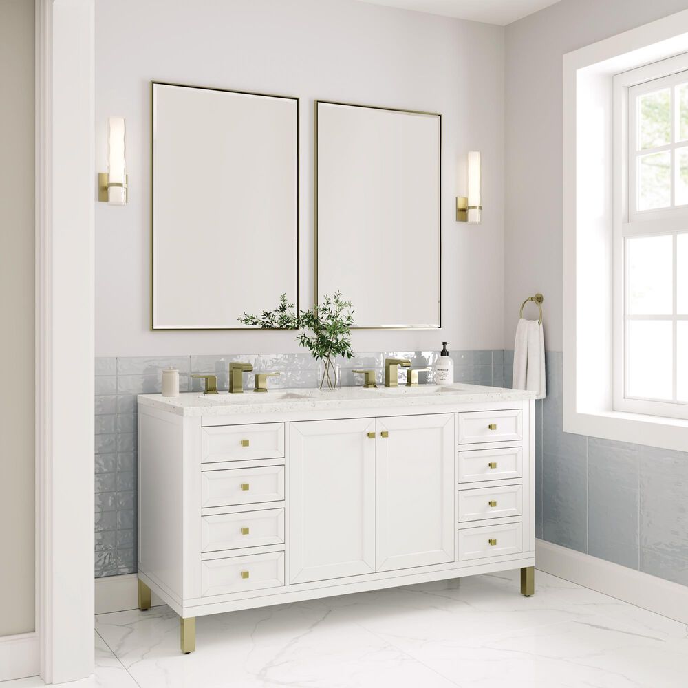 James Martin Vanities Chicago 60&quot; Double Bathroom Vanity in Glossy White with 3 cm Lime Delight Quartz Top and Rectangular Sinks, , large