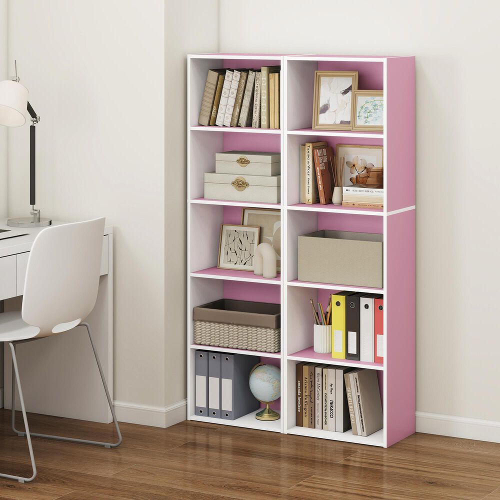 HOMLUX 5-Tier Reversible Bookshelf with Decorative Open Shelves in White and Pink, , large